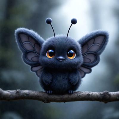 The primary subject of the image is a small, cute, and colorful butterfly-like creature sitting on a branch. The setting is a forest, with trees in the background. The visual style is a digital art or illustration, creating a whimsical and playful atmosphere. The colors are predominantly black and grey, with a touch of orange, giving the image a unique and charming appearance.